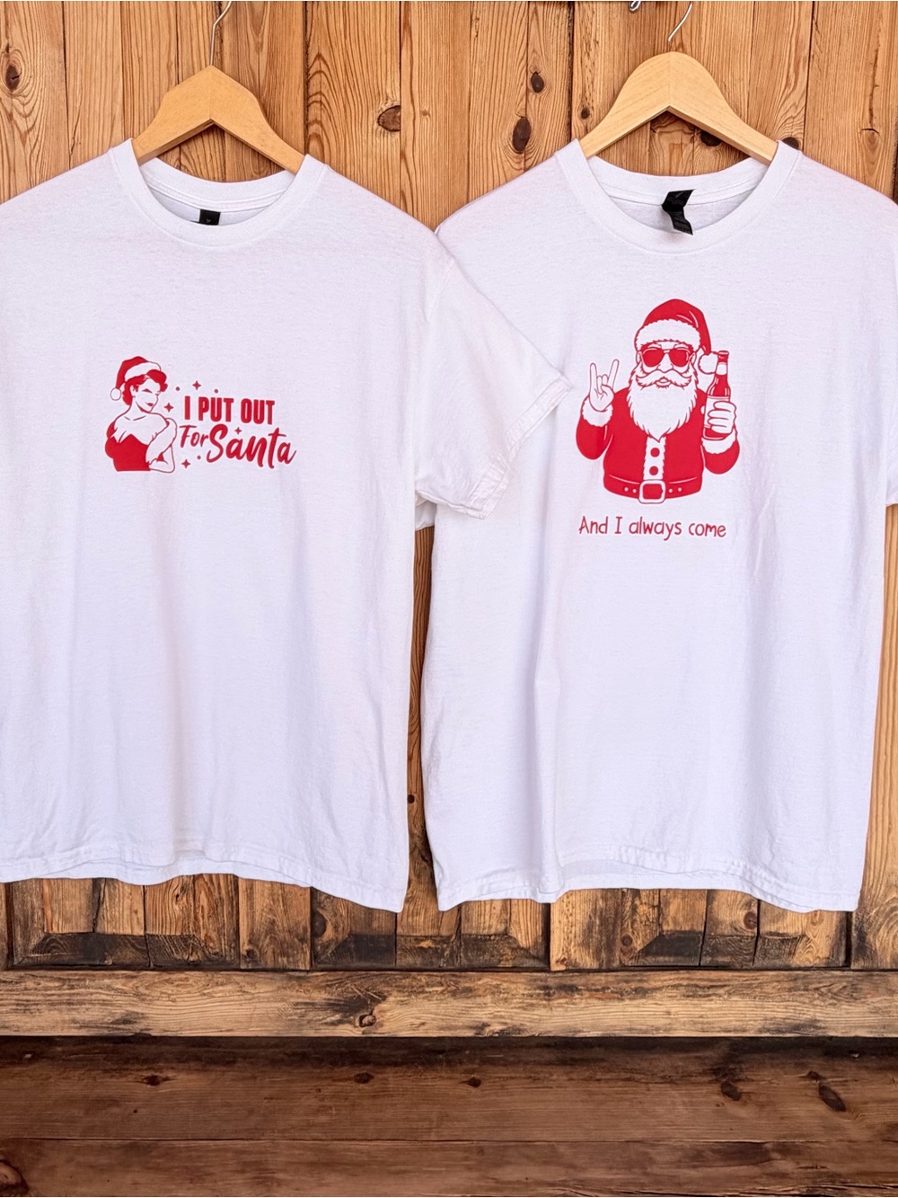 Matching Humorous Christmas Santa TShirt Set Women Size M, Men Size L (Set Of 2)